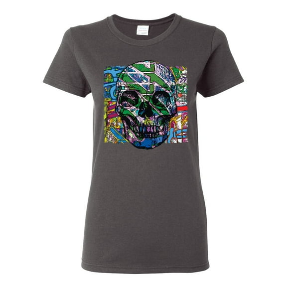 Colorful Abstract Skull Face Streetwear Womens Graphic T-Shirt, Charcoal, X-Large