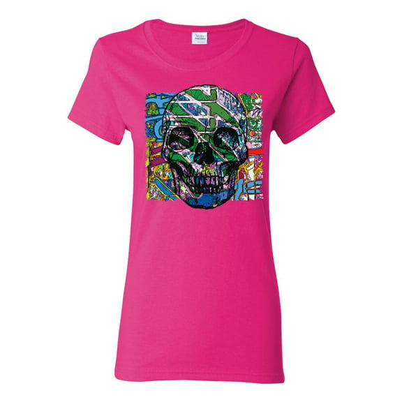 Colorful Abstract Skull Face Streetwear Womens Graphic T-Shirt, Fuschia, X-Large
