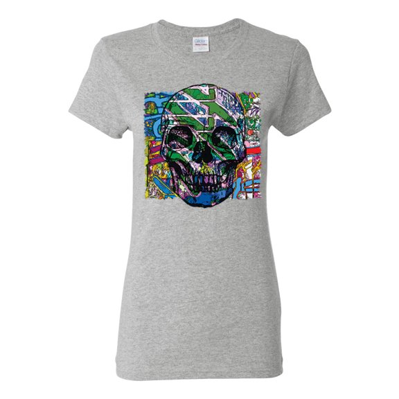 Colorful Abstract Skull Face Streetwear Womens Graphic T-Shirt, Heather Grey, 2XL
