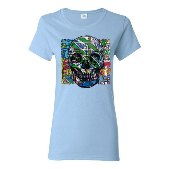 Colorful Abstract Skull Face Streetwear Womens Graphic T-Shirt, Light Blue, 3XL