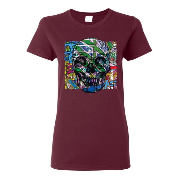 Colorful Abstract Skull Face Streetwear Womens Graphic T-Shirt, Maroon, 2XL