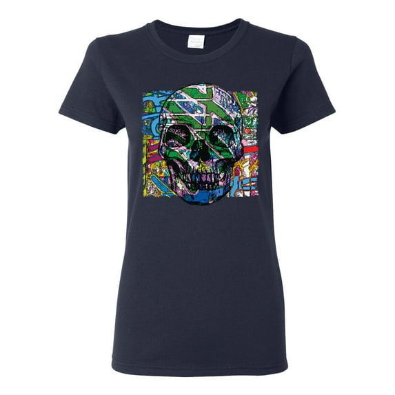 Colorful Abstract Skull Face Streetwear Womens Graphic T-Shirt, Navy, Large