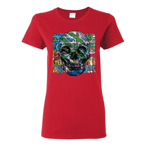 Colorful Abstract Skull Face Streetwear Womens Graphic T-Shirt, Red, 2XL