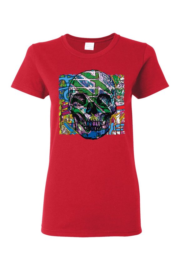 Colorful Abstract Skull Face Streetwear Womens Graphic T-Shirt, Red, Large