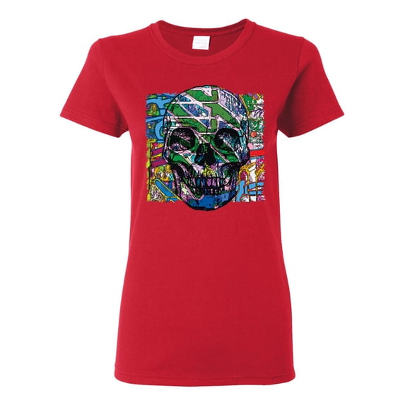 Colorful Abstract Skull Face Streetwear Womens Graphic T-Shirt, Red, Small