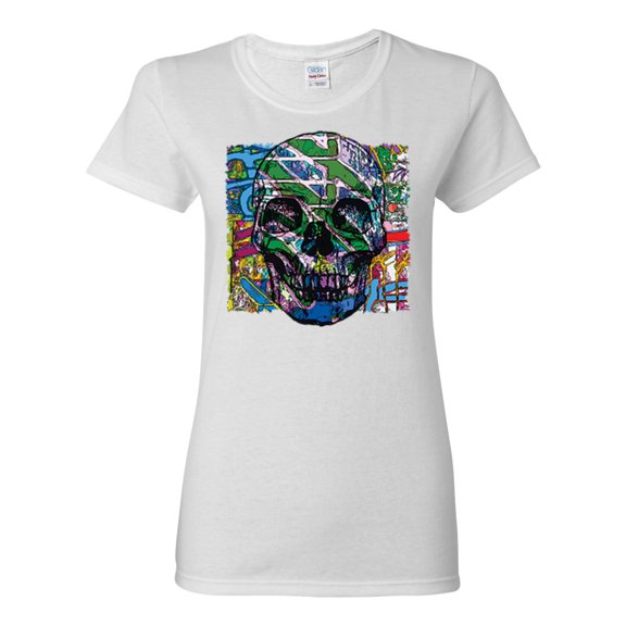 Colorful Abstract Skull Face Streetwear Womens Graphic T-Shirt, White, 3XL