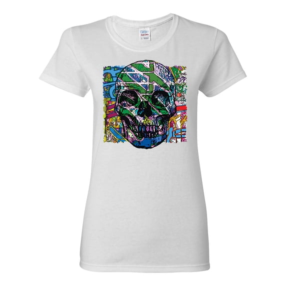 Colorful Abstract Skull Face Streetwear Womens Graphic T-Shirt, White, Medium