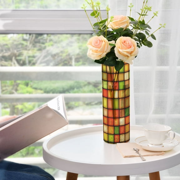 Colorful Abstract Square Pattern Plastic Vase 11.8'' x 3.9'' Transparent Non Breakable Decorative for Family