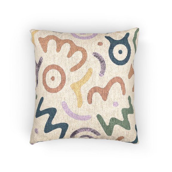Colorful Abstract Squiggles and Spirals in Blue, Orange, Pink and White Woven Pillow, Cotton-Polyester Shell