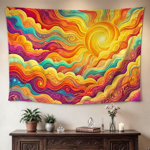 Colorful Abstract Sun Swirls Celestial Wall tapestry，Large size Printed Horizontal Tapestry blanket，Polyester Fabric Wall Hanging for living room，bedroom，No Installation Required，Indoor，Outdoor，Gift