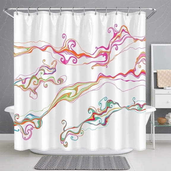 Colorful Abstract Swirling Shower Curtain - Pink, Orange, Green, Blue Design - Fluid Movement - Fits Standard Bathtubs