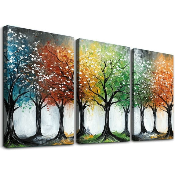Colorful Abstract Trees Triptych Unframed Canvas Painting 12x16 Inches - Living Room Bedroom Wall Art Decor - Modern Unframed Style Print Painting (No Frame)