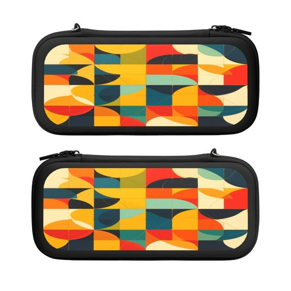 Colorful Abstract Vibrant Geometric Shape Curve, Carrying Case For Nintendo Switch & OLED Version, Eva Pouch Case for Console & Accessories with 10 Game Card Slot & Wristband, Black