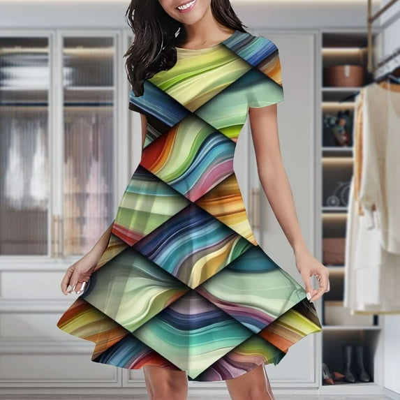 Colorful Abstract Wavy Pattern Design Women's Classic Swing Skater Dress Casual Work Party Cocktail Dresses