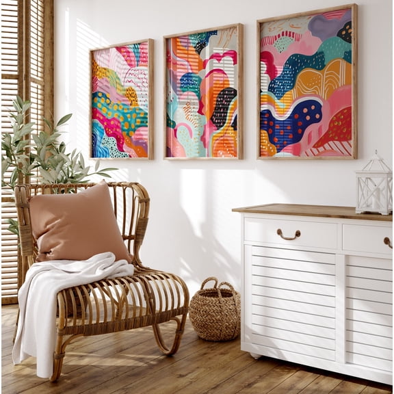 Colorful Abstract Wavy Wall Art Maximalist Clouds Vibrant Patchwork Art, Stretched Canvas
