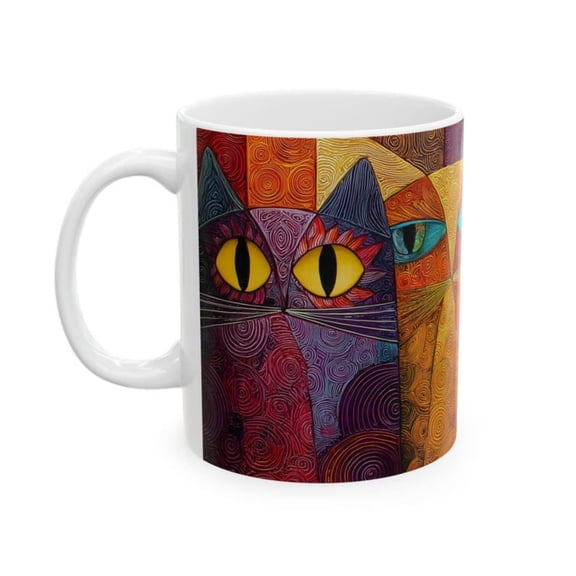 Colorful Abstract t Mug Geometric Feline Art, Ceramic Coffee Cup.