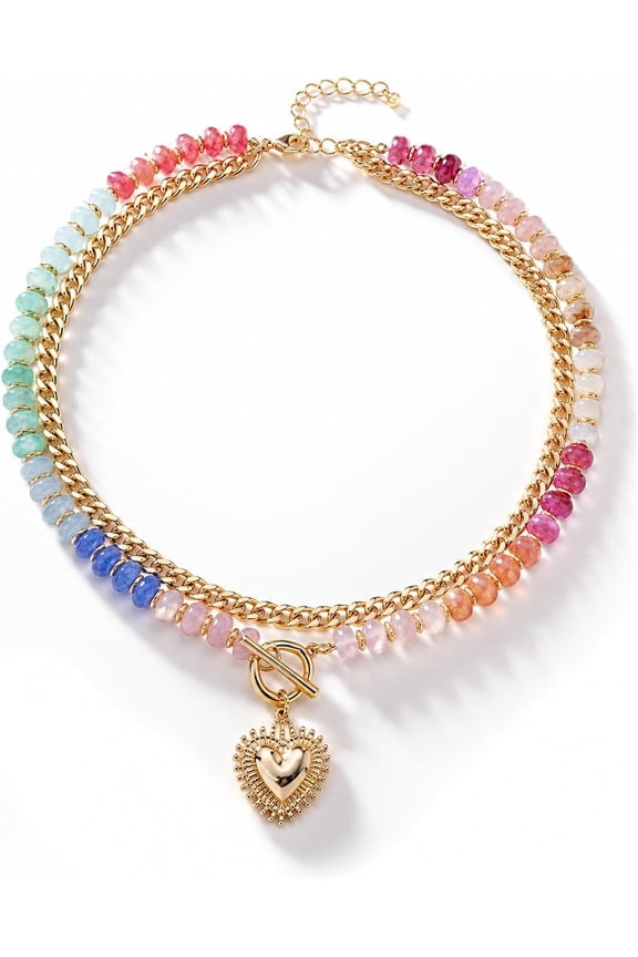 Colorful Acrylic Beaded Necklace For Women, Boho Double Layer Rainbow Beads Thick Cuban Chain Chunky Heart Pendant Statement Choker Summer Beach Jewelry Gift