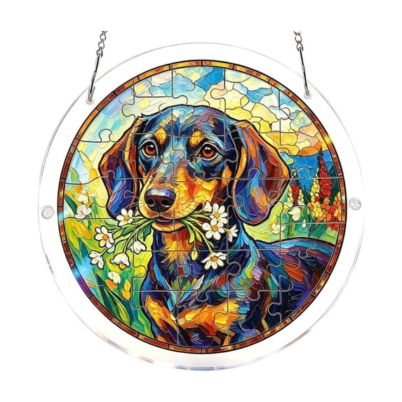 Colorful Acrylic Puzzle Stained Glass Window Hanging Ornament, Dachshund Stained Glass Suncatcher Ornament, Sun-Catcher Window Decor, Gifts for Dog Lovers, Pet Lover Gift (1PC, 7.4 Inch)