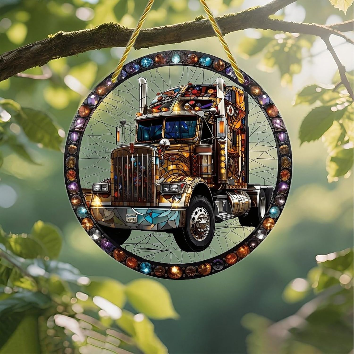 Colorful Acrylic Suncatcher, Stained Glass Big Rig Truck 7-inch Hanging ...