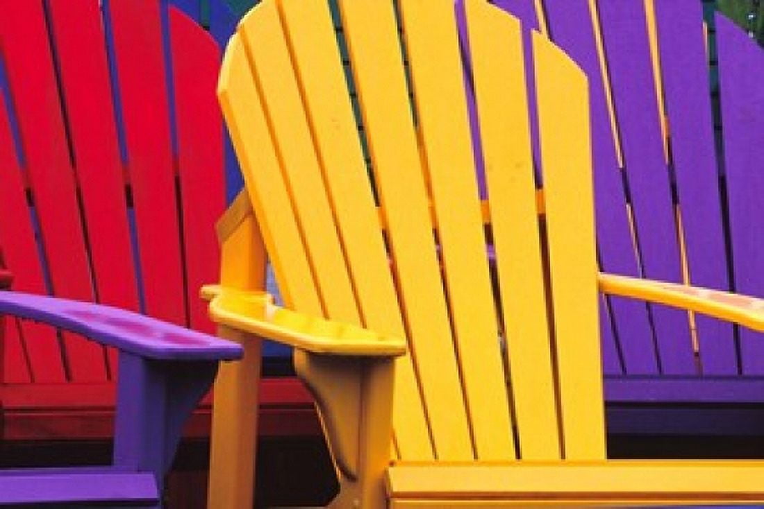 Colorful Adirondack Chairs Canvas Art - Julie Eggers DanitaDelimont (27 x 18)