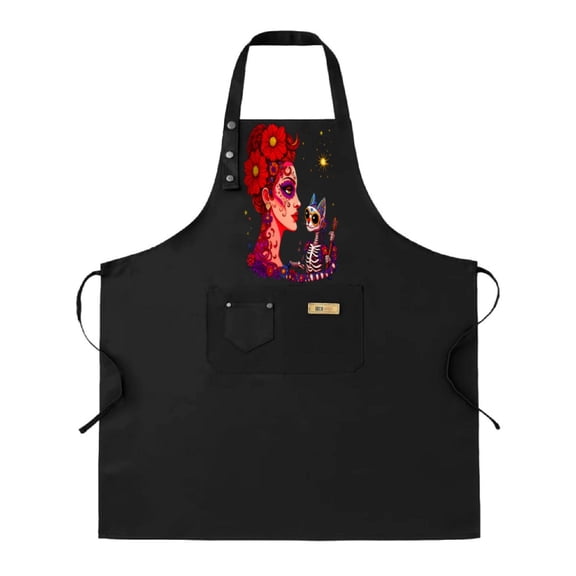 Colorful Adjustable Bib Apron 2-Pack for Men & Women - Features Intricate Floral Design with Cat Skeleton & Starry Background