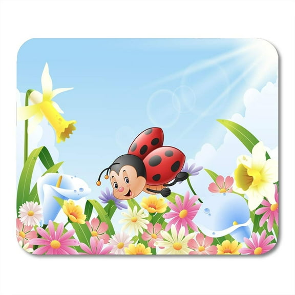 Colorful Adorable Cartoon Funny Ladybug Flying Over Flower Field Mousepad Mouse Pad Mouse Mat 9x10 inch