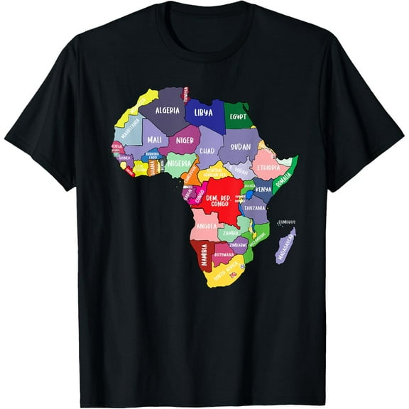 Colorful Africa Map with country names, African continent T-ShirtMen and women, Black T-shirt, size: Extra large
