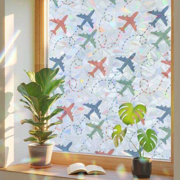 Colorful Aircraft Stripe Window Privacy Film, Rainbow Film Decorative Window Sticker 17.7x39.3in, Orange Green Blue Airplane Lines Sun Blocking Static Stained Glass Cling Tint Non-Adhesive