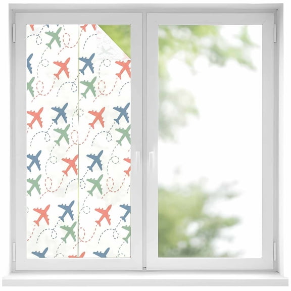 Colorful Airplane Window Privacy Film, Modern Abstract Cartoon Striped Static Cling UV Sun Blocking Heat Control Window Tint Day and Night, Non-Adhesive One Way Windows Privacy Cover 17.7''x39.3''