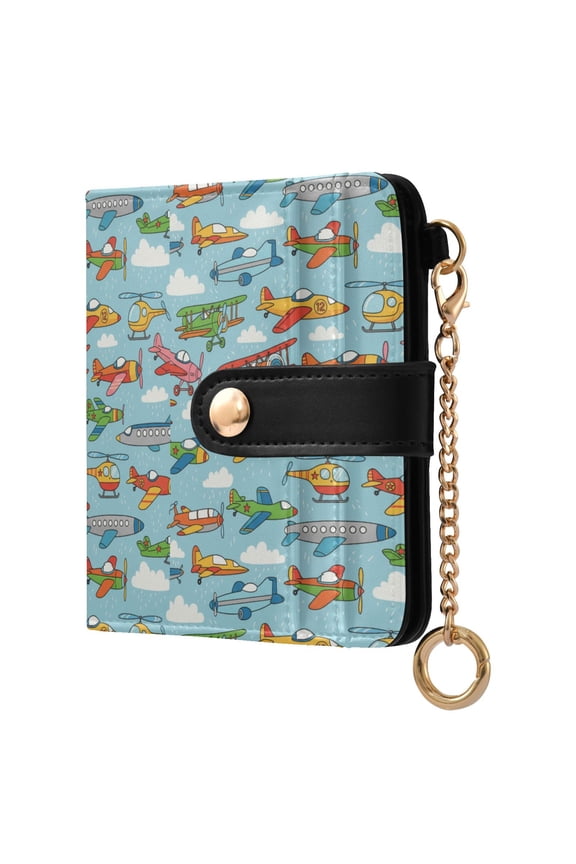Colorful Airplanes Small Wallet for Women RFID Blocking Bifold PU Leather Credit Card Holder with Zipper Coin Pocket Compact Cute Travel Purse Magnetic Snap 7 Card Slots
