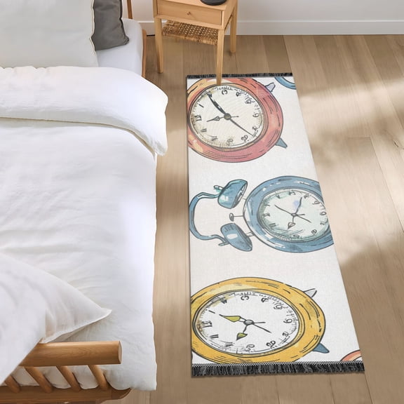 Colorful Alarm Clock Doodle Style Bedside Runner Rug 2'x 6' Non Slip Carpet Floor Mat Area Rug
