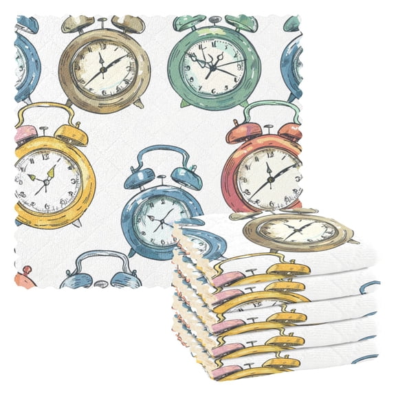 Colorful Alarm Clock Doodle Style Dish Cloths Dish Towels Cleaning Cloths Quick Drying Reusable 11" x 11" Set of 6