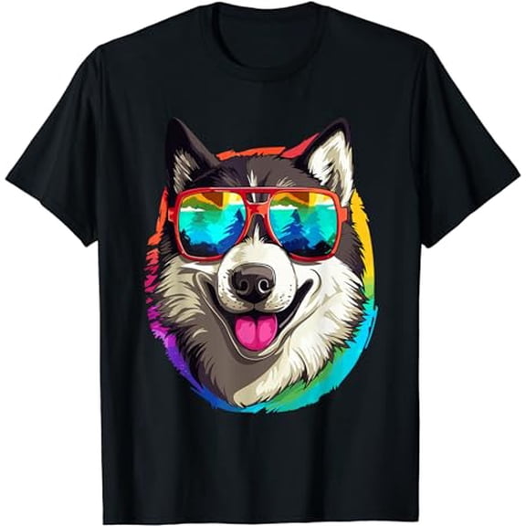 Colorful Alaskan Husky Dog Breed with Sunglasses T-Shirt
