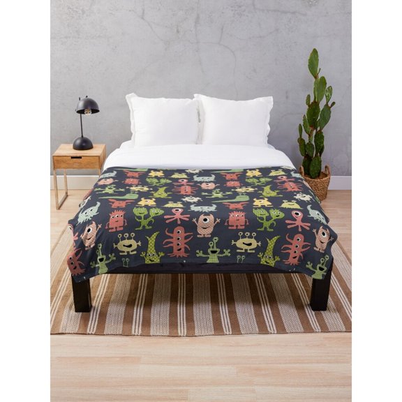 Colorful Alien Creature and Robot Fleece Blanket, Navy, Polyester Fleece Fabric, 280 GSM, Playful Sci-Fi Style