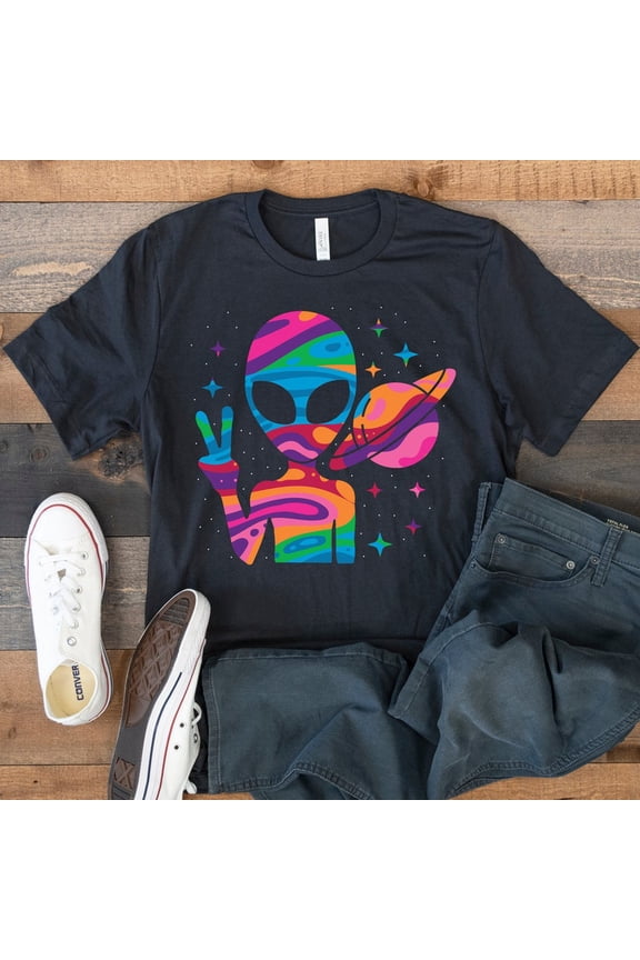 Colorful Alien Peace Psychedelic Space Extraterrestrial Graphic T Shirt,for unisex up to size 5XL