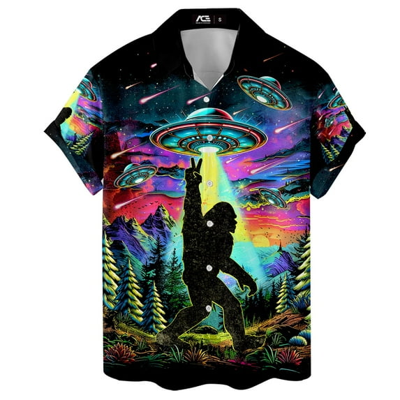 Colorful Alien UFO Bigfoot Hawaiian Shirt For Men Vintage Forest Mens Hawaiian Shirts Short Sleeve Button Down Shirt Men