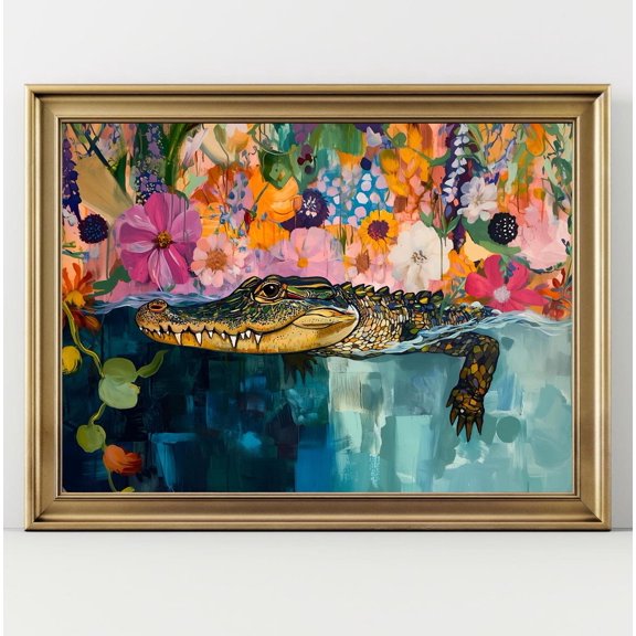 Colorful Alligator Among Flowers Wall Art Print, Bold Maximalist Wildlife And Botanical Decor