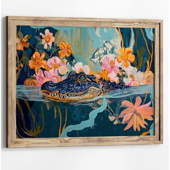 Colorful Alligator Art Horizontal Maximalist Decor Nature Wildlife Crocodile Floral Animal 30x30