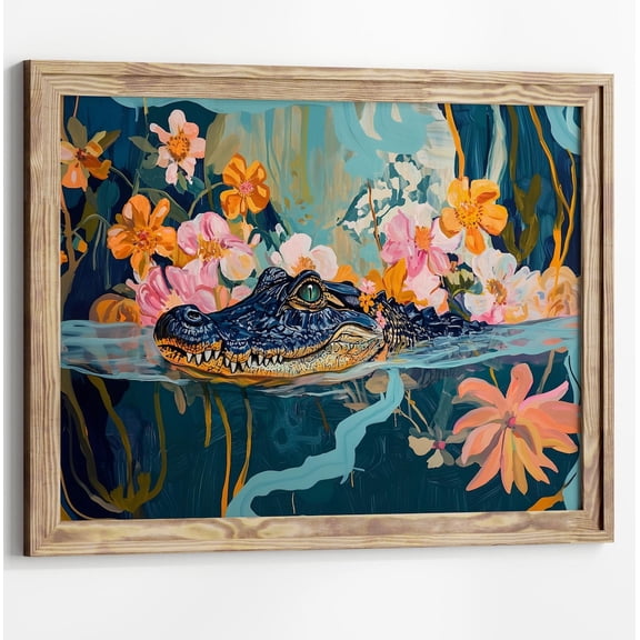 Colorful Alligator Art Horizontal Maximalist Decor Nature Wildlife Crocodile Floral Animal, UNFRAMED Size 30x30