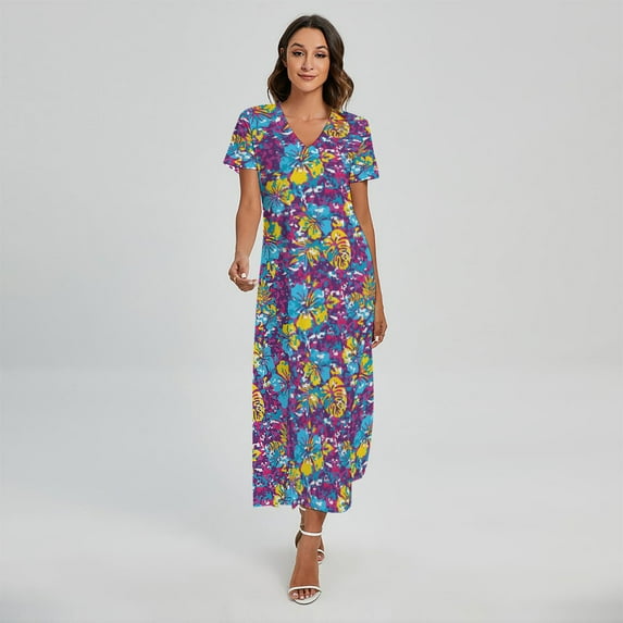 Colorful Aloha Camouflage Flower Printed Short Sleeve Maxi Dress, Camo Camouflage Fashion Summer Maxi Dress For Women