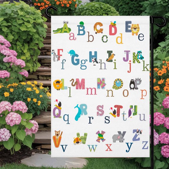 Colorful Alphabet Garden Flag 12x18 Double Sided - Welcome Garden Flags for All Seasons Outside Décor, Cartoon Color Block Art Decorative Personalized Yard Flags Small Sign