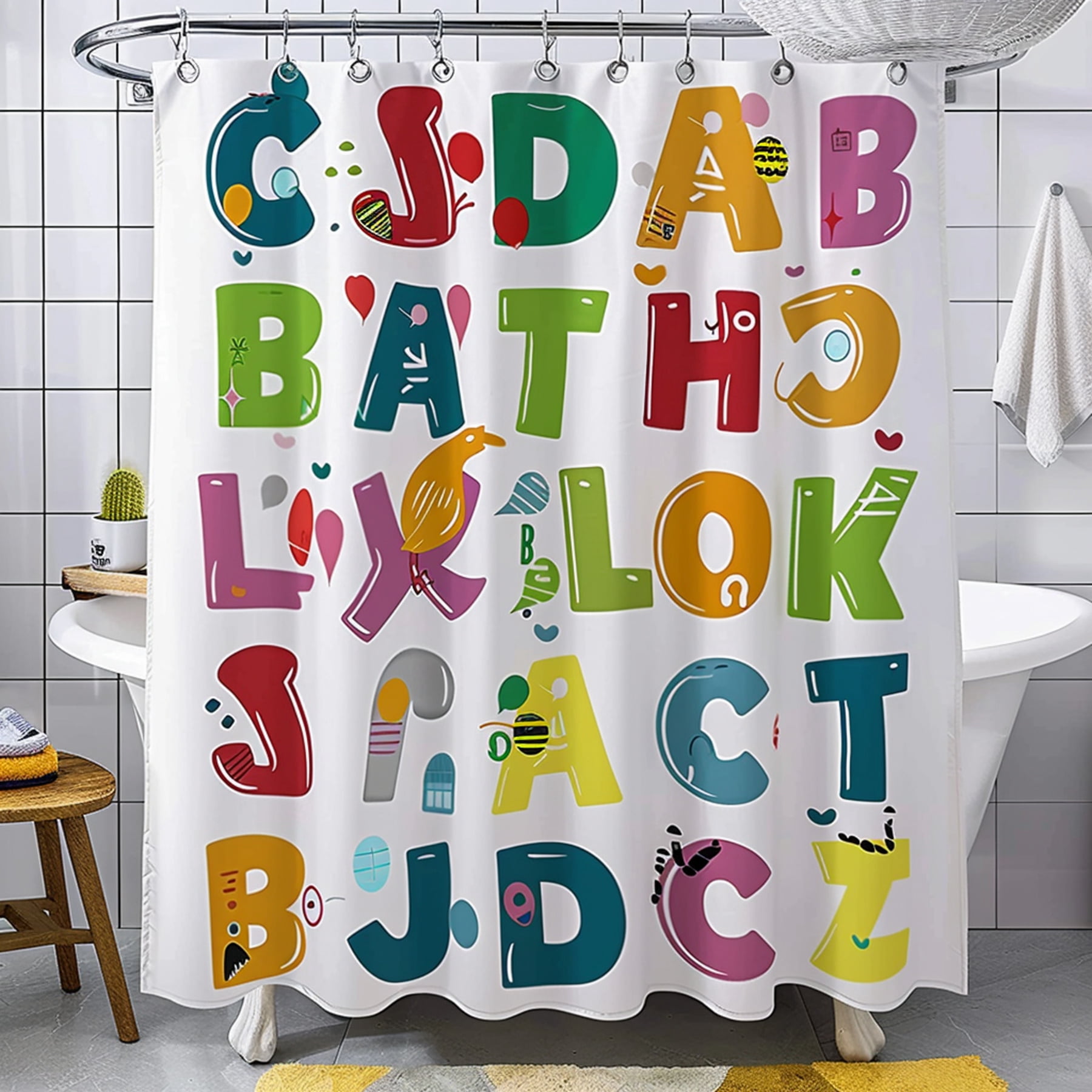 Colorful Alphabet Letters Kids Bathroom Shower Curtain Fun Design for