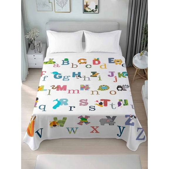 Colorful Alphabet Twim Size Flat Sheet, Wrinkleproof & Fadeproof Cooling Flat Bed Sheet Only, Cartoon Animal Color Block Art Breathable Soft Bedding Top Sheets 66 x 96 Inches