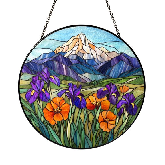 Colorful Alpine Meadow Suncatcher Circle Window Panel Ornament Art