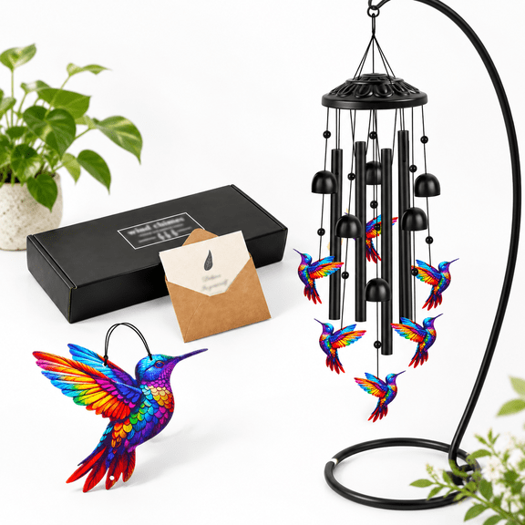 Colorful Aluminum Hummingbird Wind Chime with Tubes Bells Gift Set for Outdoor Garden