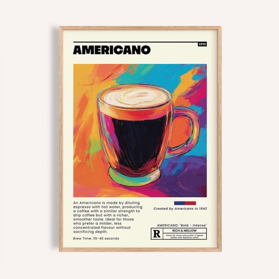 Colorful Americano Coffee Print, Modern Kitchen Wall Art, Unframed Paper Poster 8x10in