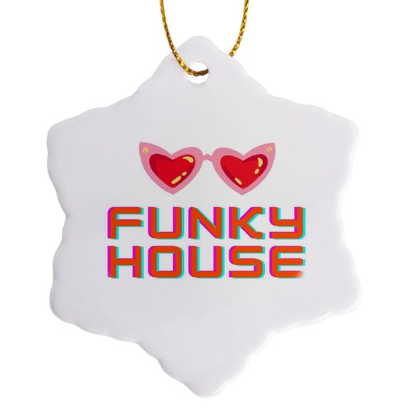 3drose, Colorful and Creative Design with a Text of Funky House, 3 inch Snowflake Porcelain Ornament