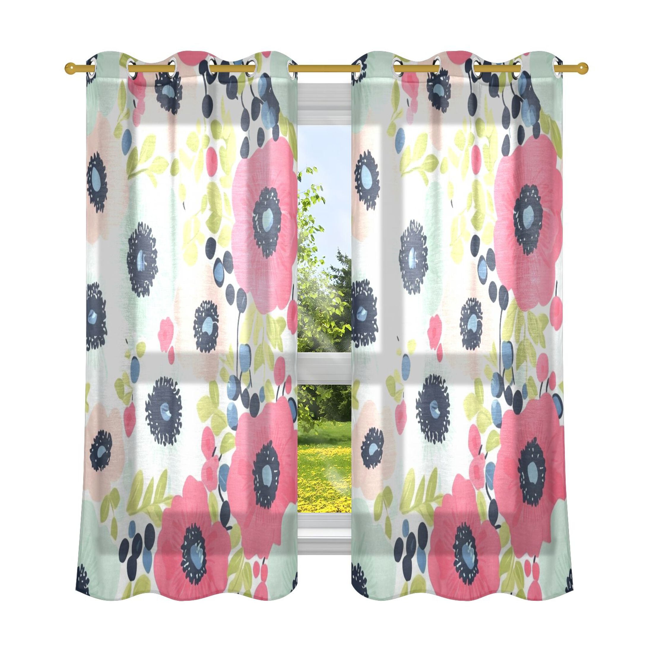 Colorful Anemone Flowers Breathable Sheer Curtains 63x42in Soft Light ...