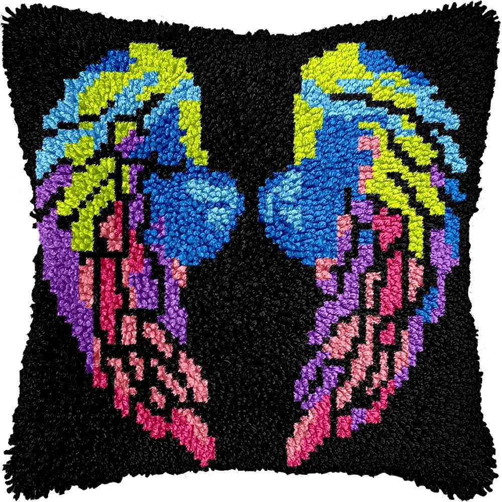 Colorful Angel Wing Latch Hook Pillow Kits Pillow Cover Latch Hook Crafts Crochet Knitted Hooking Pillowcase Cushion Crafts Embroidery Latch Hooking Kits Material Set 17x17 inch(211)