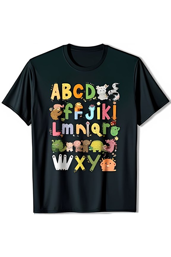 Colorful Animal Alphabet Black T-Shirt for Fun ABC Design with Cartoon
